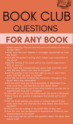 the book club questions for any book with an orange background and black writing on it