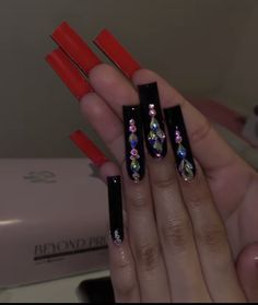 Red Nails With Black Rhinestones, Black Nails Red Rhinestones, Black And Red Rhinestone Nails, Black And Red Nails With Gems, Baddie Bling Nails Black, Black Red Bottom Nails With Rhinestones, Black Nails With Red Gems, Black Extra Nails, Red Bottom Nails With Rhinestones