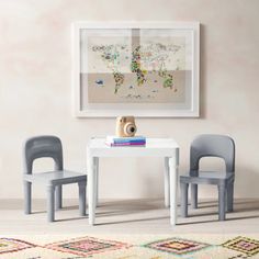 two children's plastic chairs and a table in front of a wall with a map on it