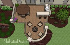 an aerial view of a patio with seating and fire pit in the middle of it