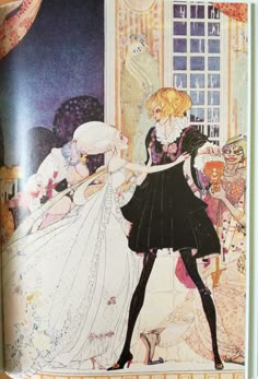 the illustration shows two women dressed in dresses and one is holding her hand out to another woman