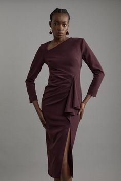 Stretch Crepe Asymmetric Neck Ruffle Drape Midi Dress Petite Wedding Guest Dresses, Plus Size Workwear, Draped Midi Dresses, Tall Dresses, Petite Coat, Plus Size Coats, Fall Outfits For Work, Stretch Crepe, Neck Ruffle