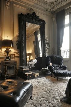 a living room filled with furniture and a large mirror