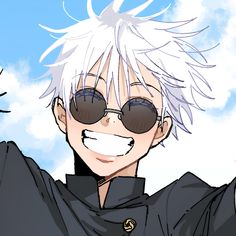 an anime character with white hair and sunglasses on his face, smiling at the camera