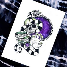 a drawing of a skull and two cats on a black tie dye background with space in the middle