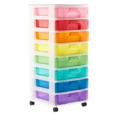 multicolored plastic storage bins with wheels