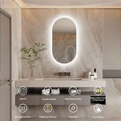 a bathroom with an illuminated mirror above the sink