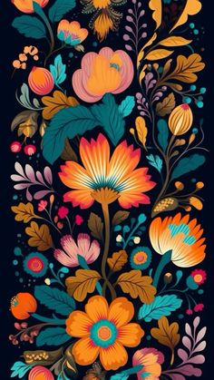 colorful flowers and leaves on a black background with the colors of orange, pink, blue,