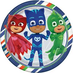 the pj masks party plates are set on a striped paper plate with blue and green stripes