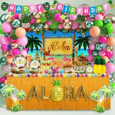 an aloha themed birthday party with balloons and decorations