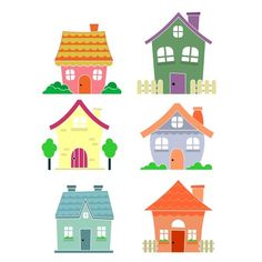 four houses are shown with different colors and shapes on the front, side, and back