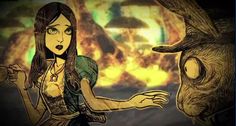 an animated image of a woman with long hair next to a demon's head