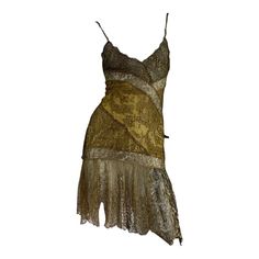 VERSACE ATELIER Runway Gold Lace Mini Dress F/W 2002 Collection Italian size 42 - US 6 Silk Gold Metallic Floral Lace Mini Dress, Front and Back Slit, Fully Lined, Side Zip Closure. Measurements: Length - 35 inches max., Bust - 30", Waist - 24/26", Hips - 32/34". Made in Italy New with tag. Vintage Italian Women Style, Gold Versace Dress, Gold Fairy Dress, Vintage Silk Dresses, Lace Dress Runway, Vintage Italian Fashion, Vintage Versace Dress, Unique Mini Dress, Versace Mini Dress