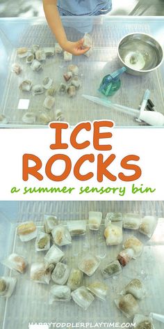 Ice Rocks Sensory Bin – HAPPY TODDLER PLAYTIME Rock Preschool Activities, Rock Activities For Toddlers, Rock Activities For Preschool, Sensory Activity, Sensory Boxes, Sensory Table, Toddler Snacks, Kids Sensory