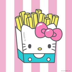 a hello kitty box filled with french fries on top of a pink and white striped wall