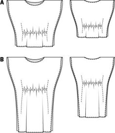 four different views of the front and back of a sewing pattern, with measurements for each piece