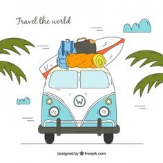 a vw bus with luggage on the roof and palm trees in the background, travel the world