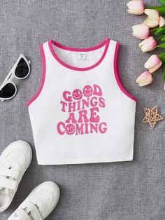 Pink Casual Collar  Knitted Fabric Cartoon,Slogan Tank Embellished Slight Stretch  Tween Girls Clothing