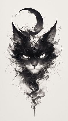 a black and white drawing of a cat's face with the moon behind it