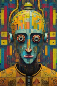 a painting of a robot with headphones on it's ears and eyes, in front of multicolored squares