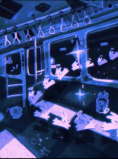 the interior of a subway car with blue and purple lights shining on the floor,