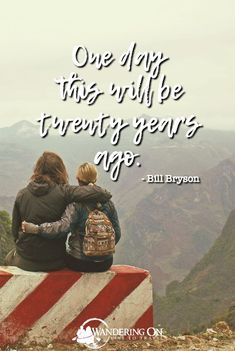 two people sitting on top of a red and white striped bench with the words, one day this will be twenty years ago