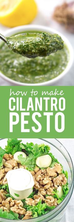 a bowl filled with pesto next to another bowl full of pesto and lemons