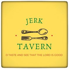 there is a sign that says jerk tavern and two spoons are on it