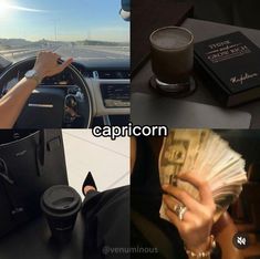 a collage of photos including a woman driving a car with money in her hand