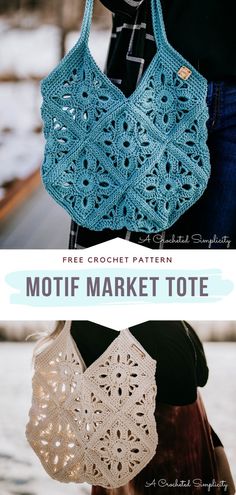 two crocheted bags with the words motif market tote