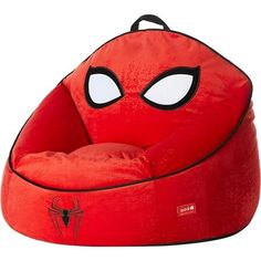 a red bean bag chair with spiderman eyes