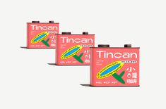 three cans of tincan next to each other in front of a white background with the words tincan on it