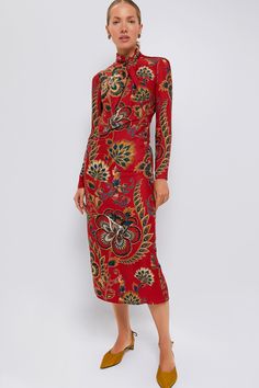 Red Floral Cutout Long Sleeve Midi Dress Red Dresses For Fall Gala, Red Dress For Fall Gala, Formal Red High Neck Dress, Fitted Red Maxi Dress For Festive Occasions, Festive Red Fitted Maxi Dress, Red High Neck Dress For Party, Festive Fitted Red Maxi Dress, Festive Red Midi Evening Dress, Red High Neck Party Dress