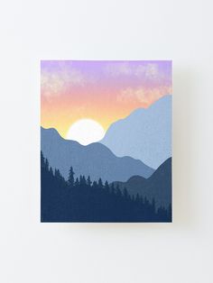 a painting of mountains and trees with the sun setting in the background