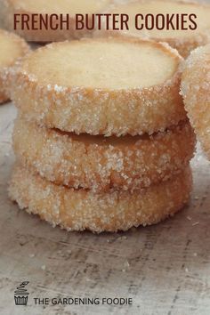 several sugary cookies stacked on top of each other with the words french butter cookies above them