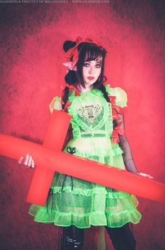 Neon green sheer dress by Gloomth (sizes S-6X on our site)! #gloomth #neongreen #neon #sheerdress #anime #altfashion #redcross #fashion #inspo #alt #longhair #gothic #cyber #futuristic #pvc #goth #gothfashion