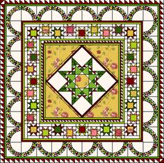 a square quilt with an intricate design on the top and bottom, surrounded by flowers