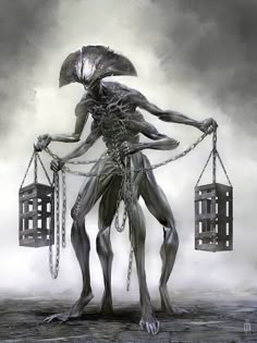 an alien is holding two cages with chains on it and the image appears to be in