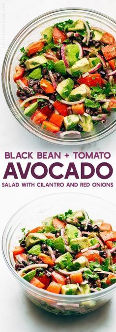 black bean and tomato avocado salad with cilantro and red onions in a glass bowl