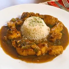 a white plate topped with meat and vegetables covered in gravy next to rice