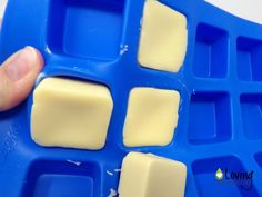 a hand is holding onto a blue plastic tray with four square pieces of cheese on it