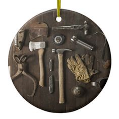 a round ornament with various tools on it