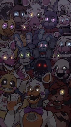 a bunch of cartoon characters with glowing eyes