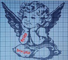 a cross stitch pattern with an angel on the front and back side, in blue