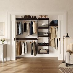 an open closet with clothes hanging on shelves