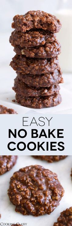 chocolate cookies stacked on top of each other with the words easy no bake cookies