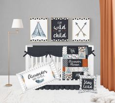 a baby crib with some pillows and pictures on the wall above it, along with other items