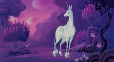 an animated unicorn standing in the middle of a forest