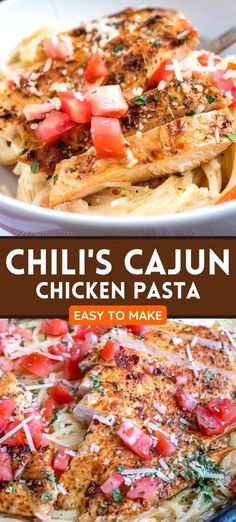 chicken pasta with tomatoes and parmesan cheese on top