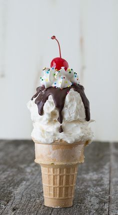 an ice cream sundae with chocolate, sprinkles and a cherry on top